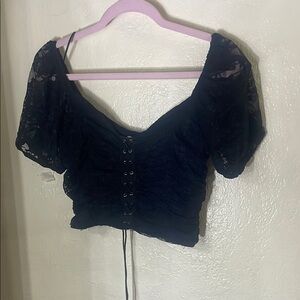 Meraki Black Buttoned Crop Blouse